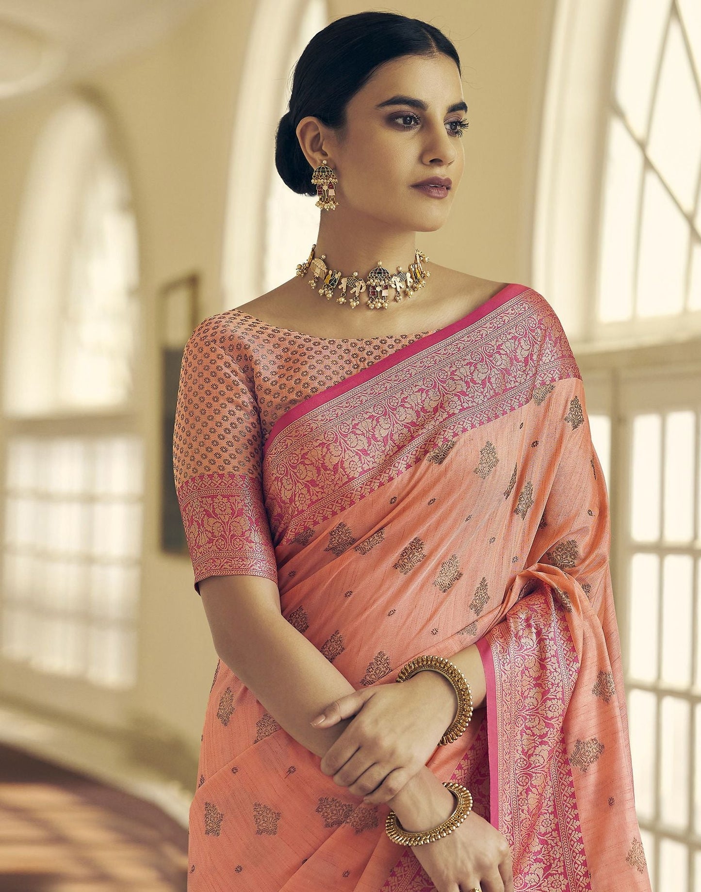 Light Orange Silk Banarasi Saree | Leemboodi