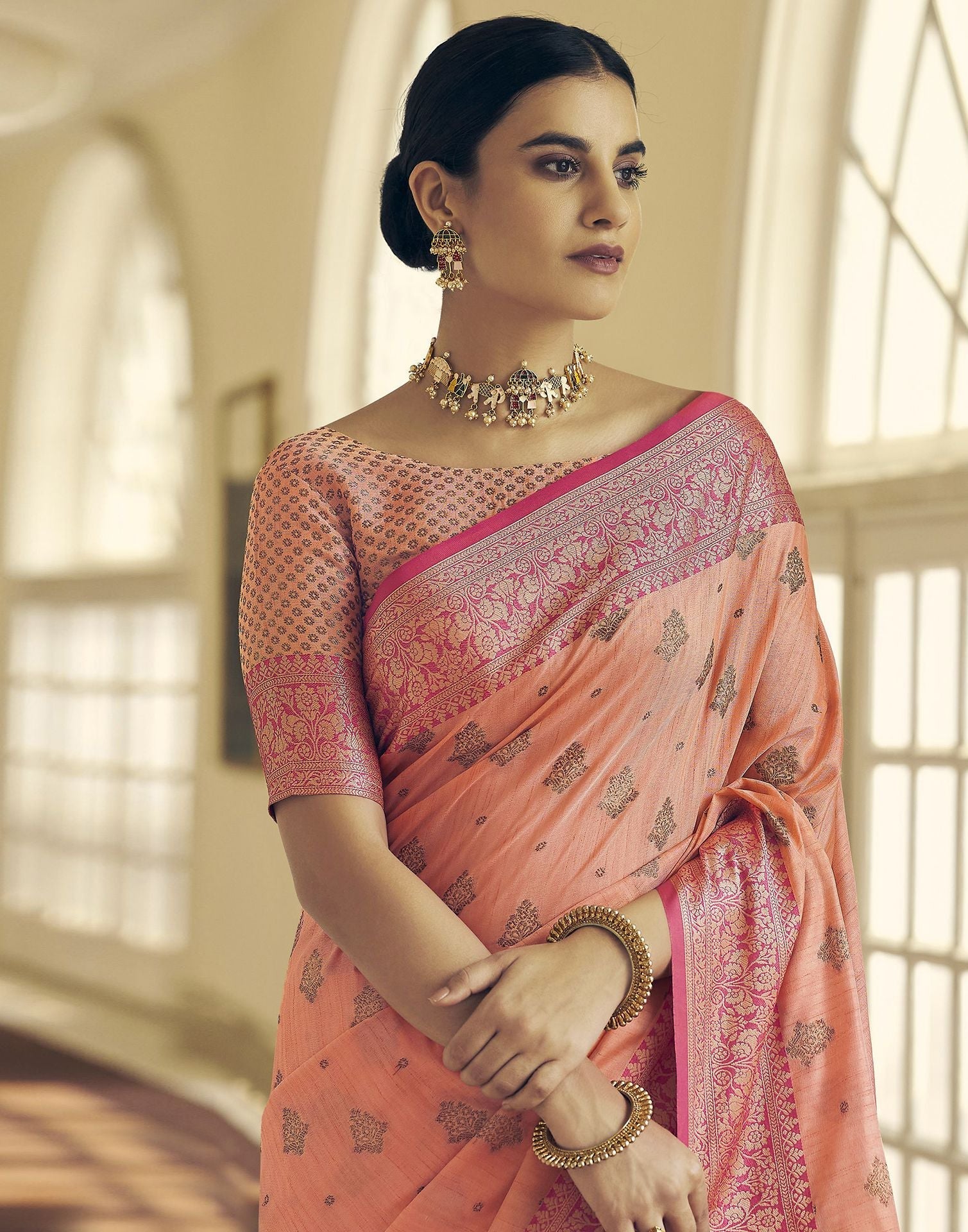 Light Orange Silk Banarasi Saree | Leemboodi