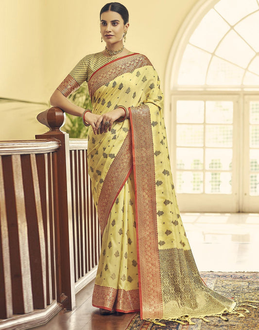 Light Yellow Silk Banarasi Saree | Leemboodi