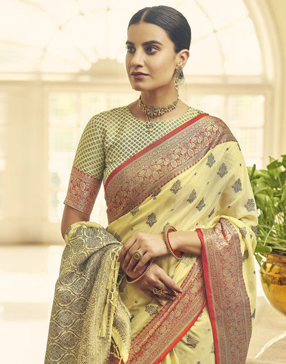 Light Yellow Silk Banarasi Saree | Leemboodi