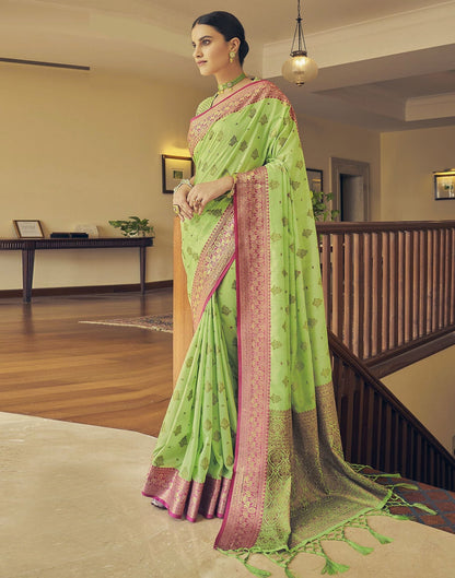 Parrot Green Silk Banarasi Saree | Leemboodi