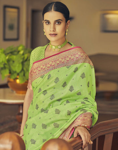 Parrot Green Silk Banarasi Saree | Leemboodi