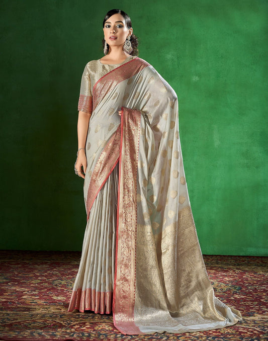 Light Grey Cotton Banarasi Saree | Leemboodi