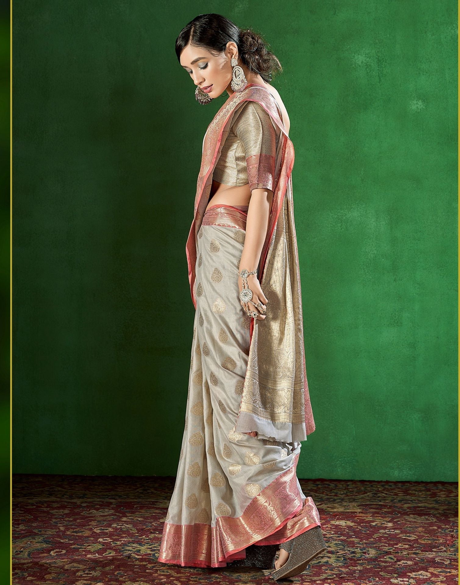 Light Grey Cotton Banarasi Saree | Leemboodi