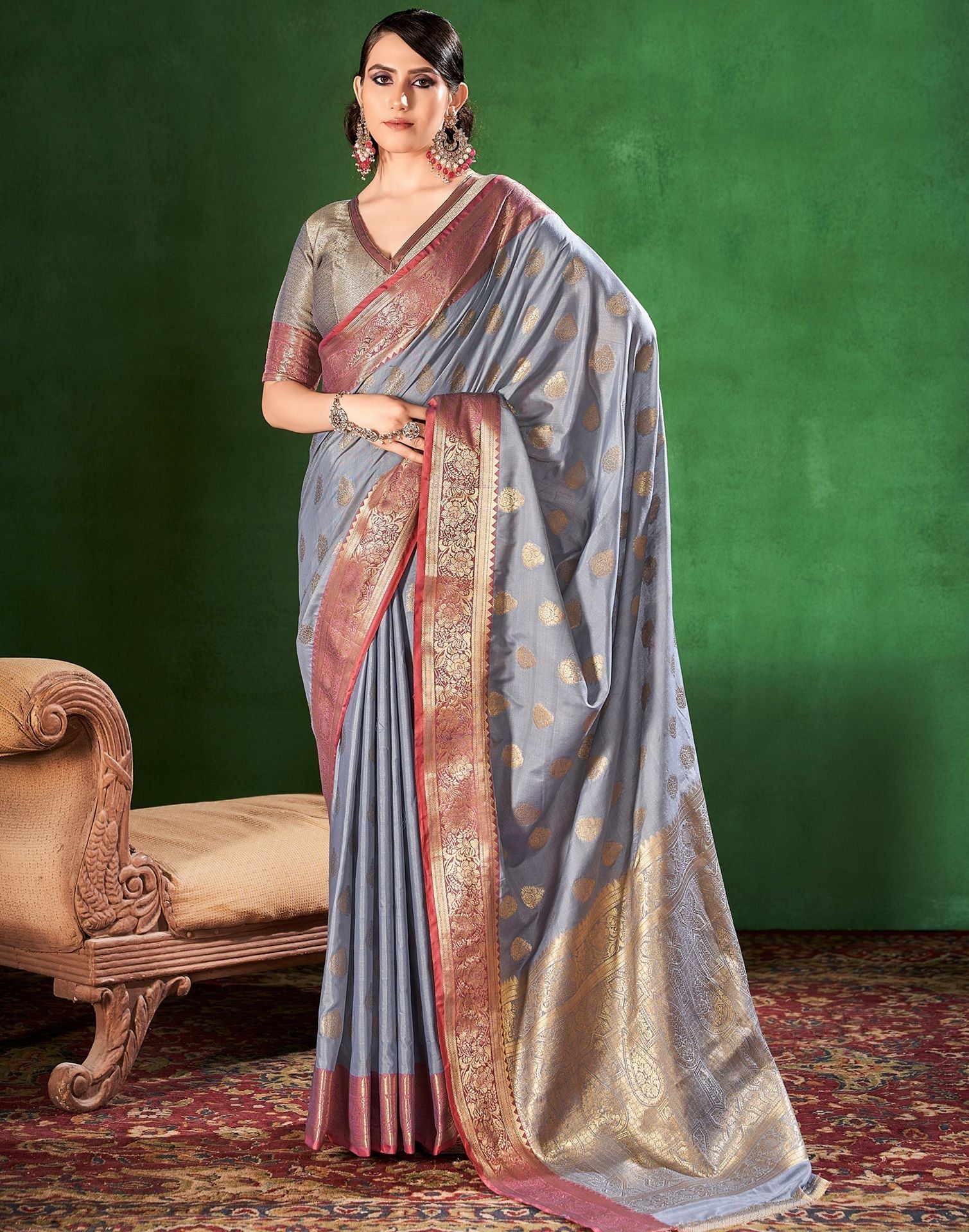Grey Cotton Banarasi Saree | Leemboodi