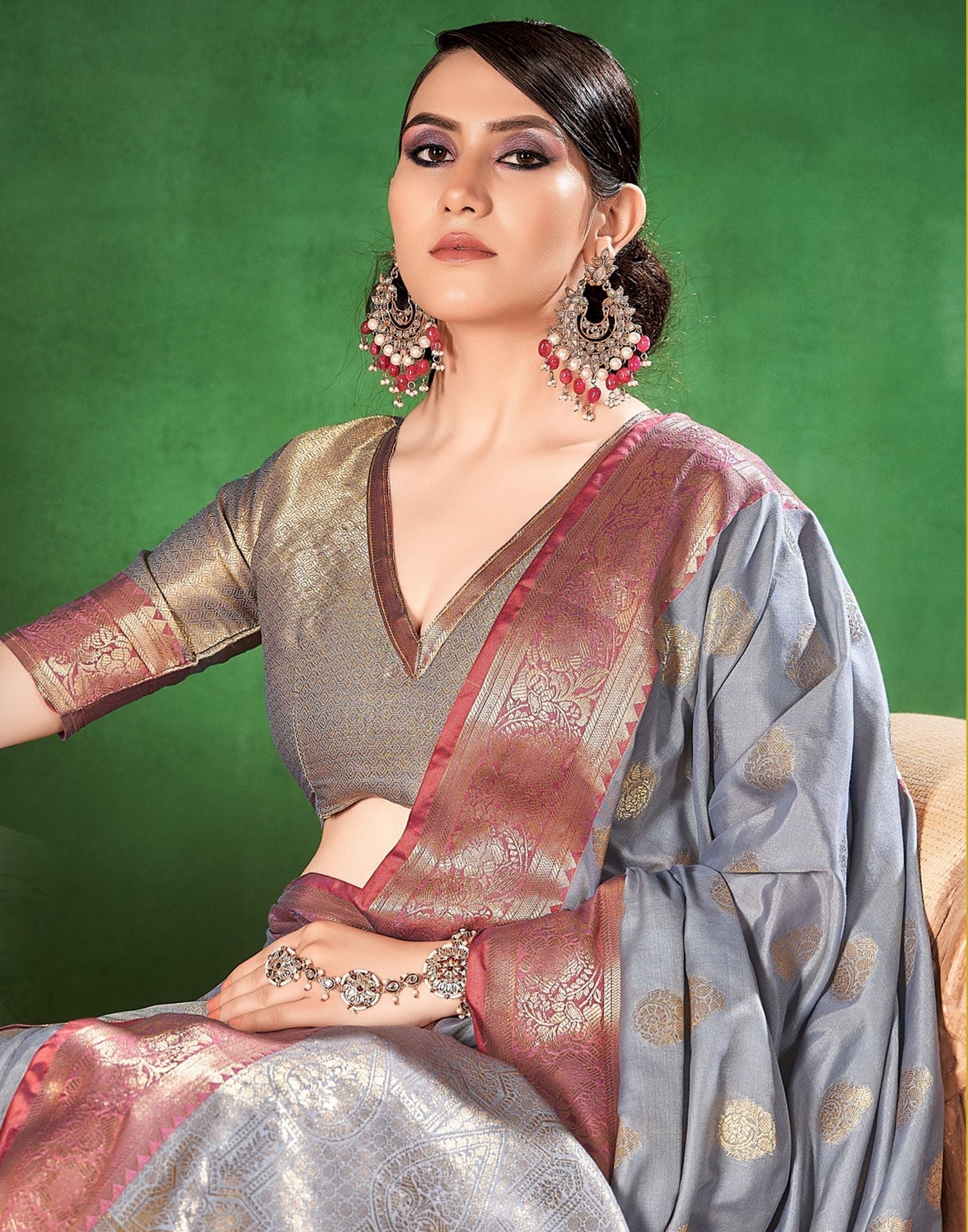 Grey Cotton Banarasi Saree | Leemboodi