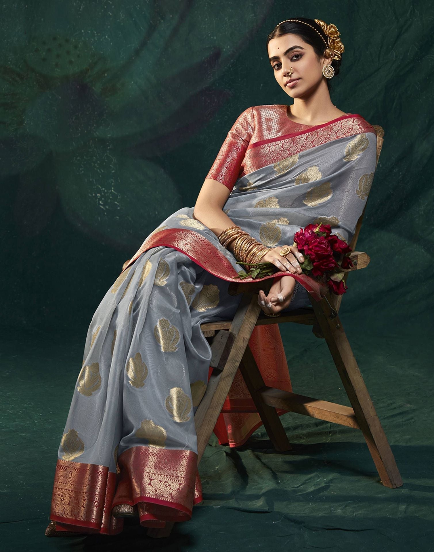 Grey Organza Banarasi Saree | Leemboodi