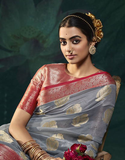 Grey Organza Banarasi Saree | Leemboodi