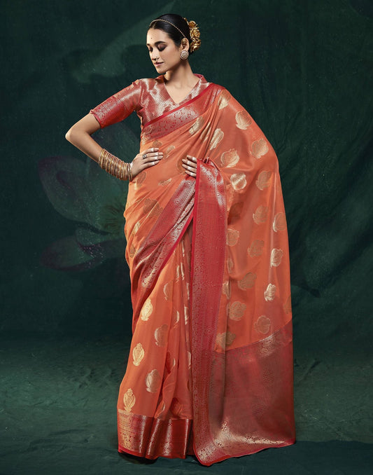 Orange Organza Banarasi Saree | Leemboodi