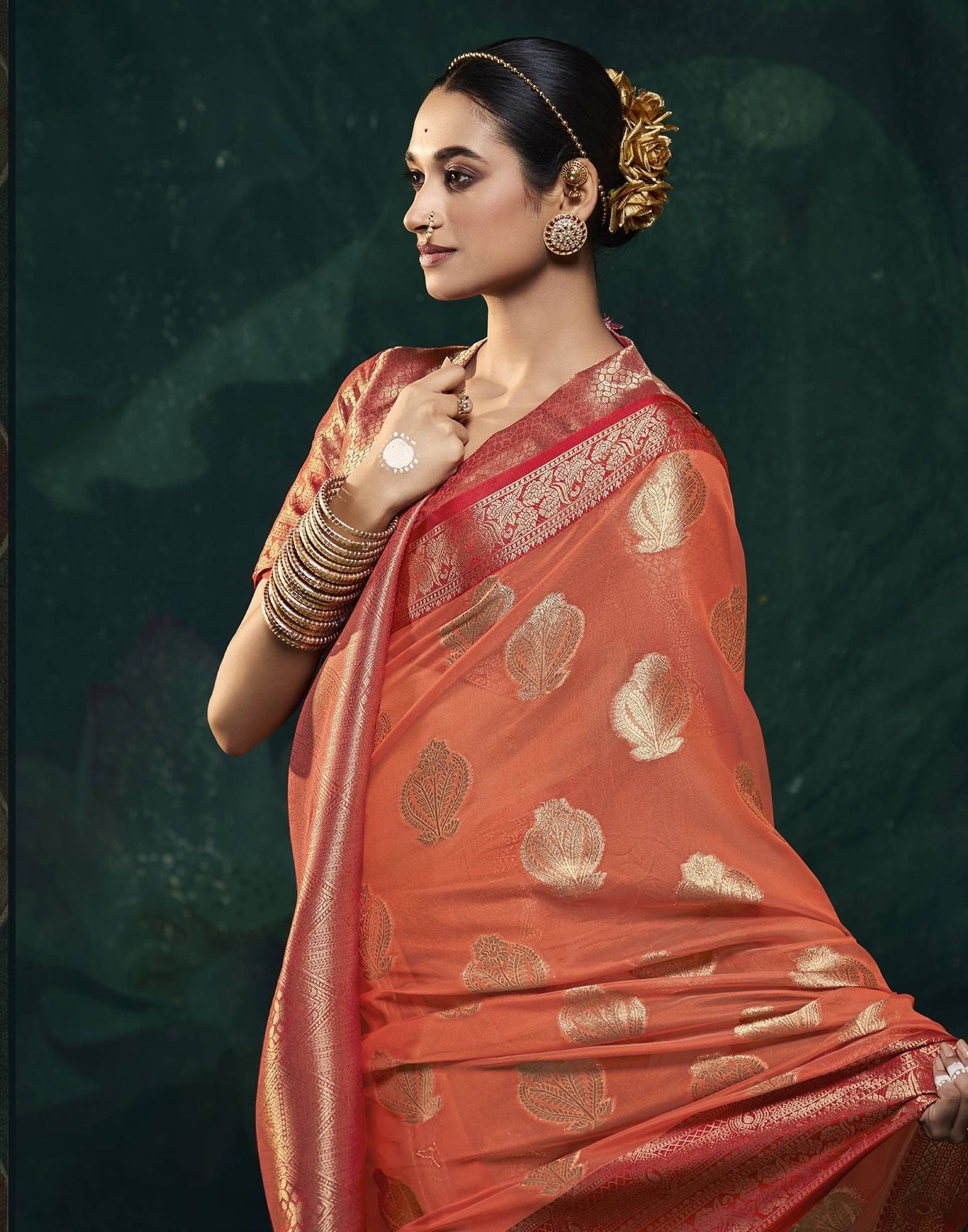 Orange Organza Banarasi Saree | Leemboodi