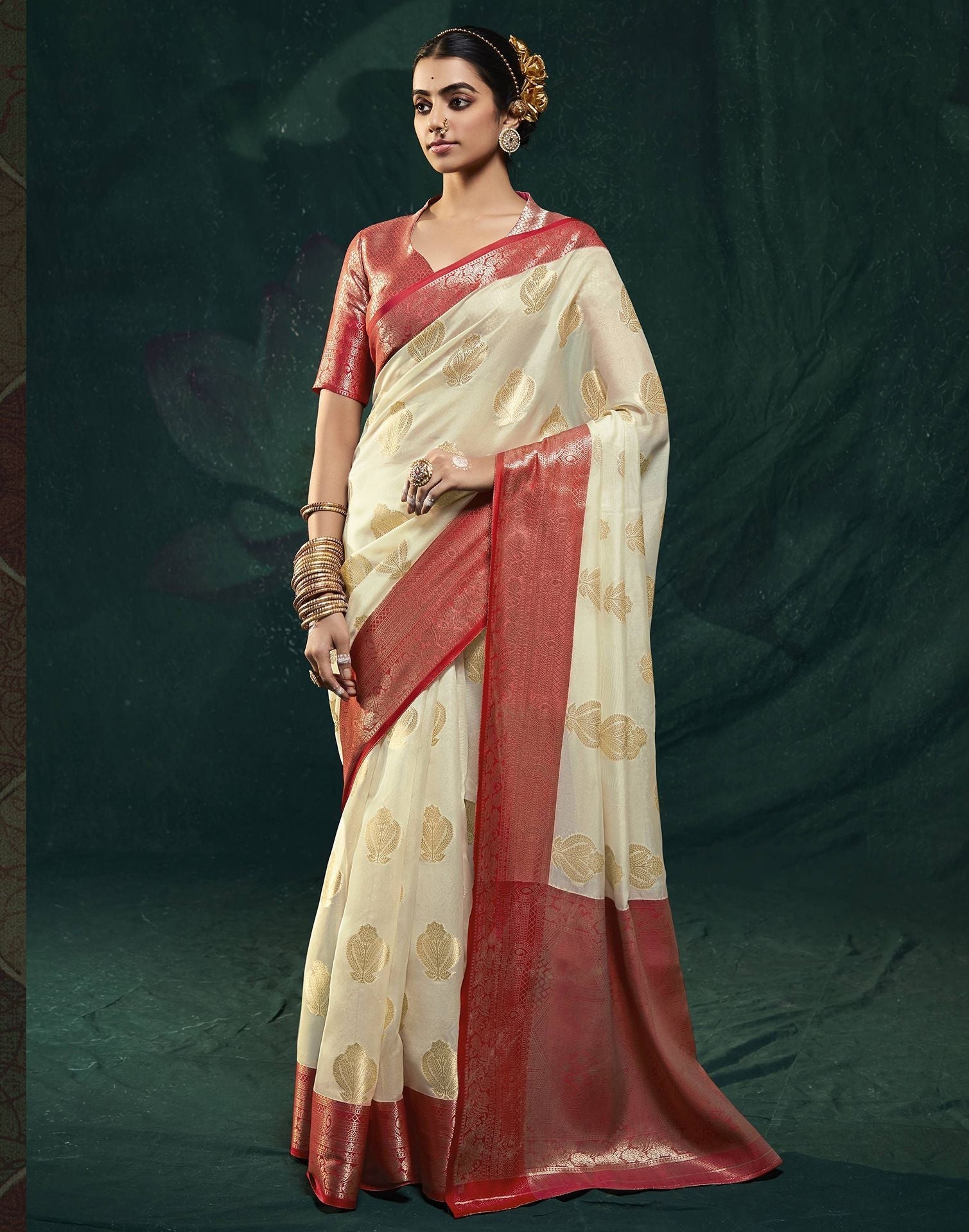 Cream Organza Banarasi Saree | Leemboodi