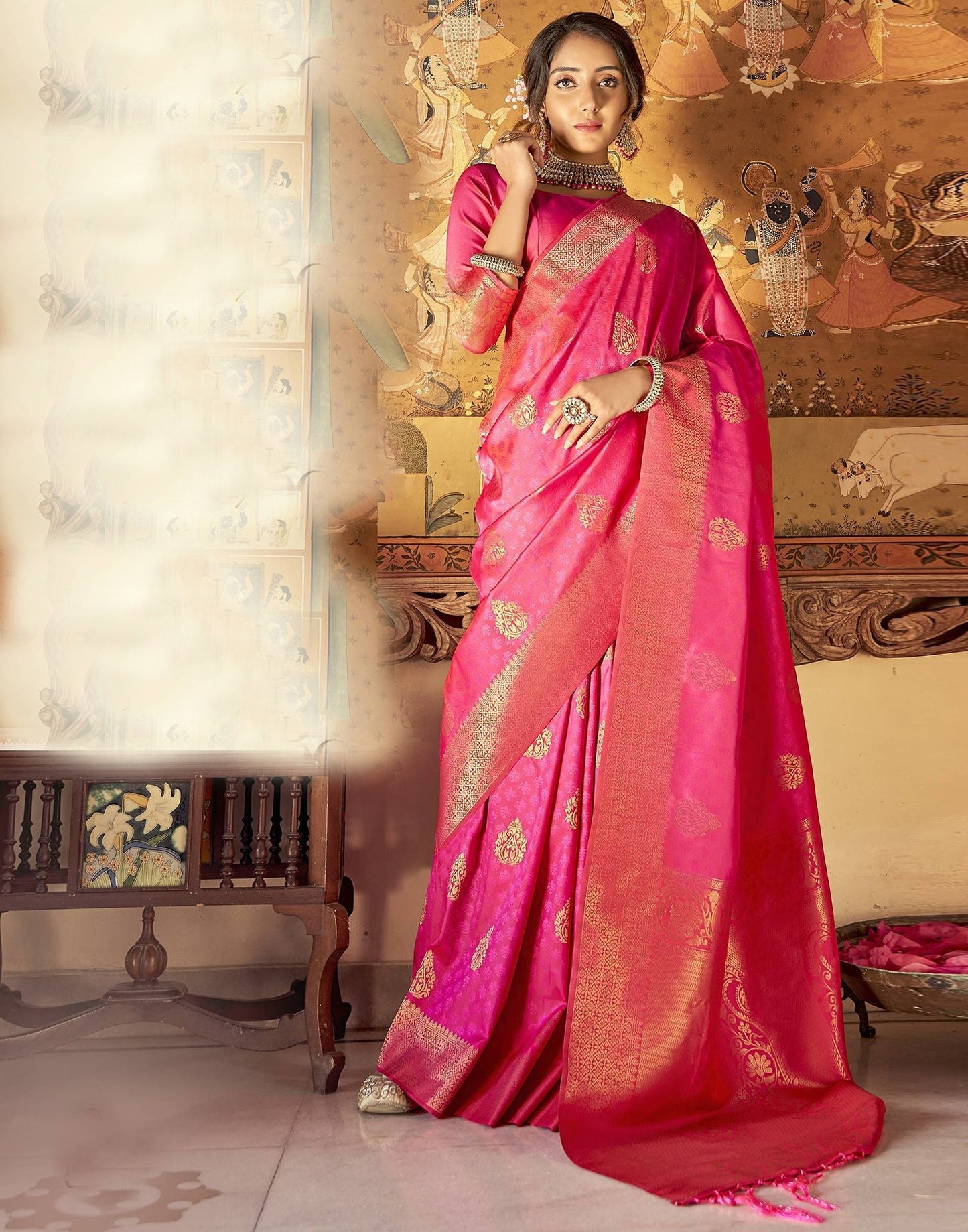 Rani Pink Silk Banarasi Saree | Leemboodi