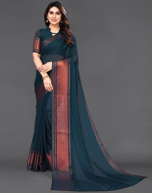 Teal Blue Chiffon Plain Saree