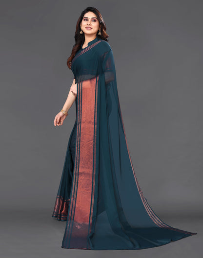 Teal Blue Chiffon Plain Saree