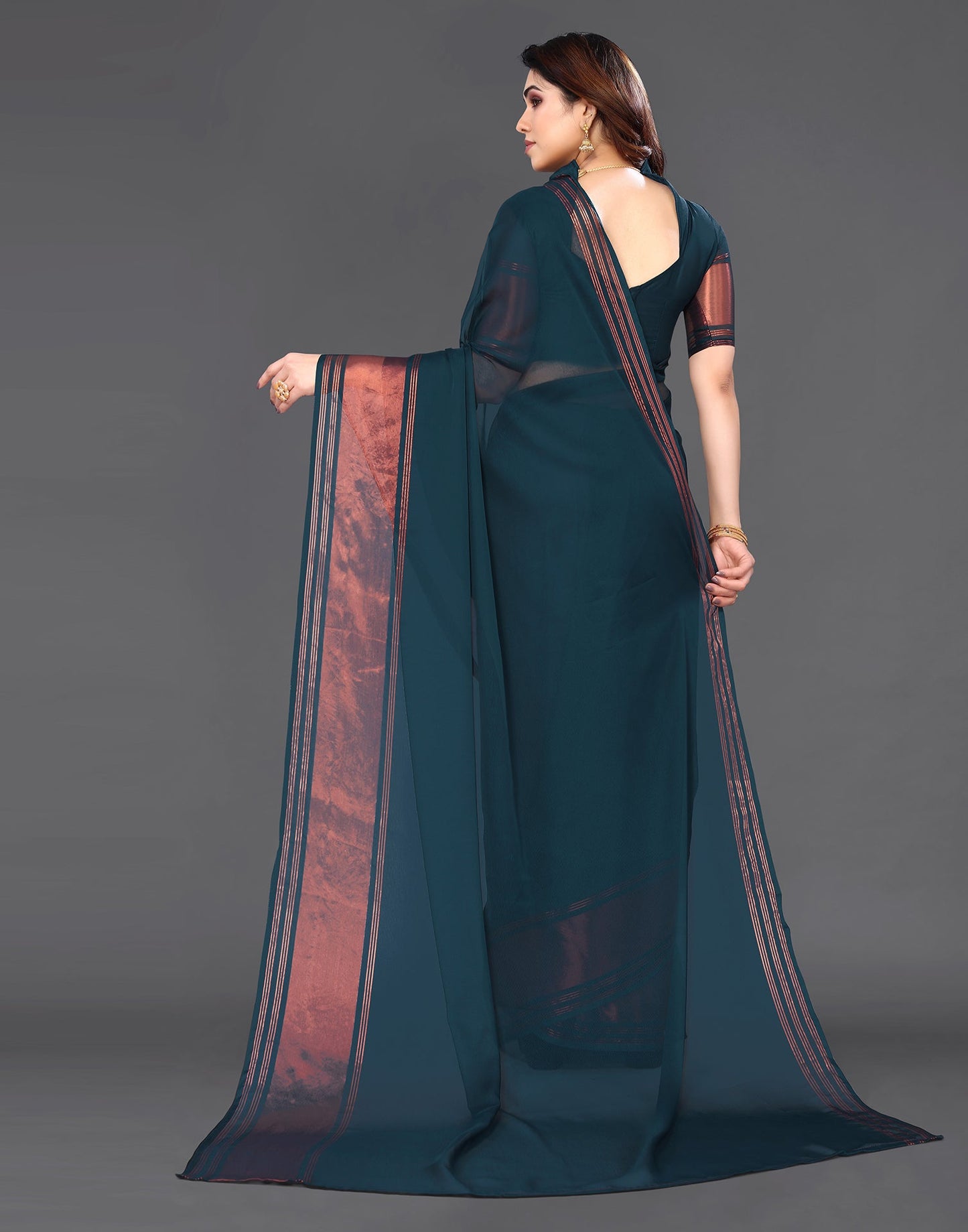 Teal Blue Chiffon Plain Saree