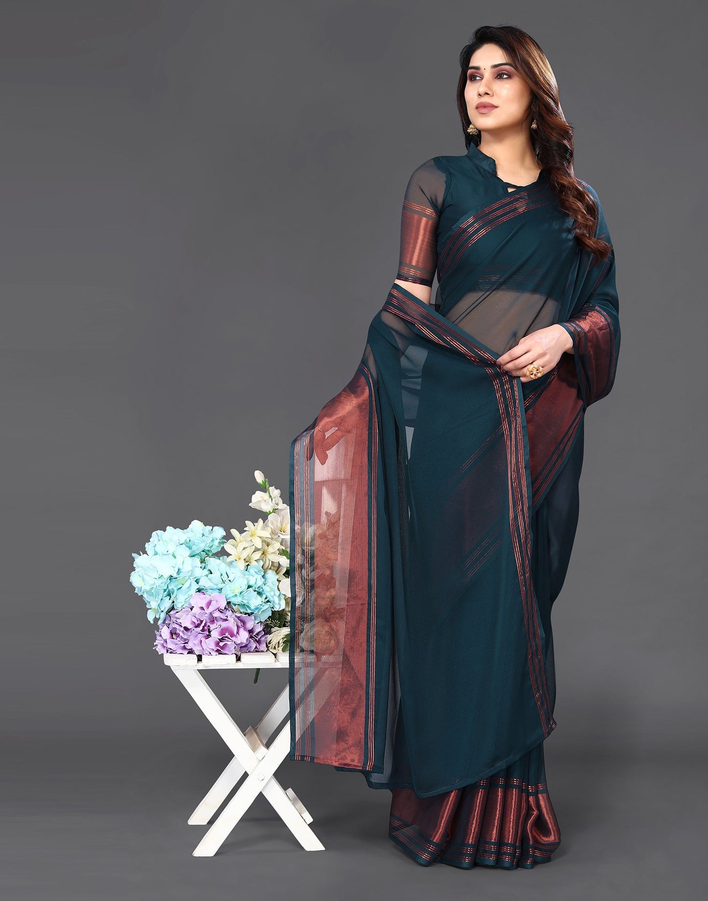 Teal Blue Chiffon Plain Saree