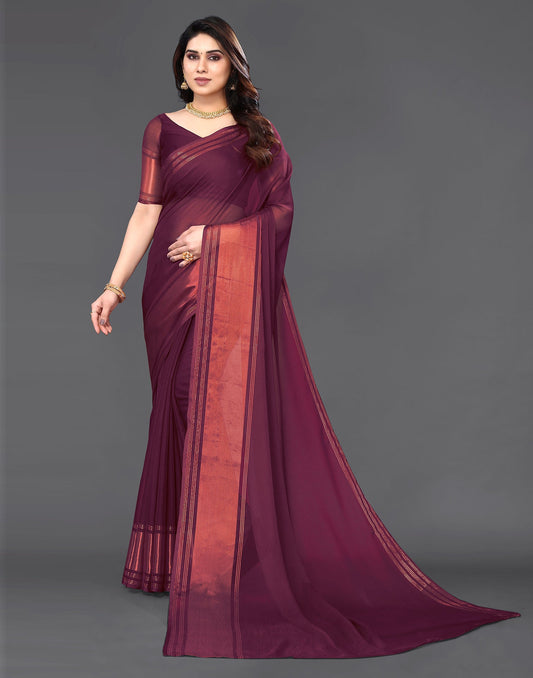 Wine Chiffon Plain Saree