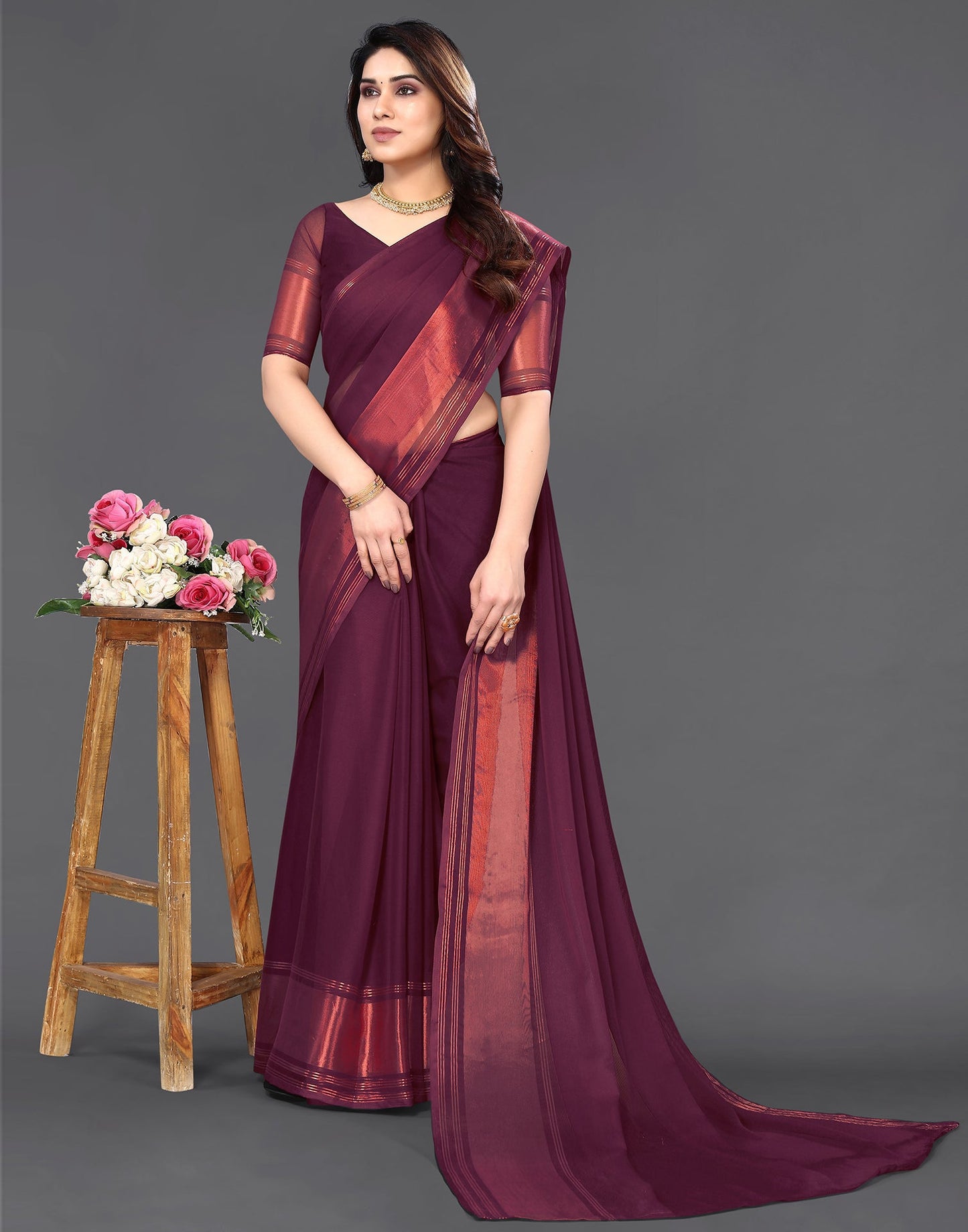 Wine Chiffon Plain Saree