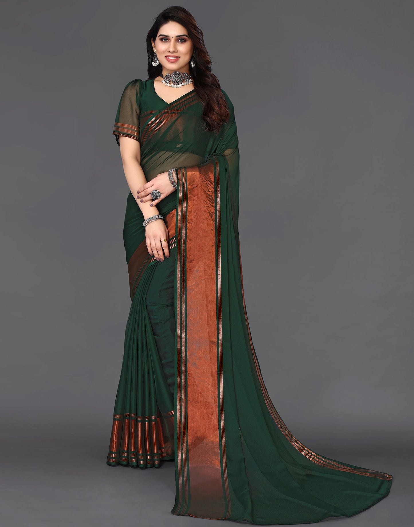 Dark Green Chiffon Plain Saree
