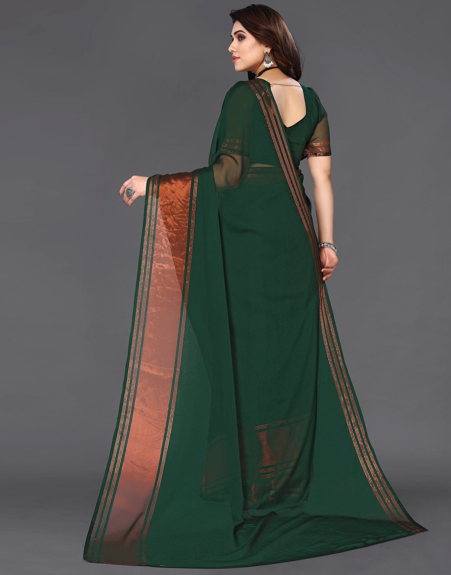 Dark Green Chiffon Plain Saree
