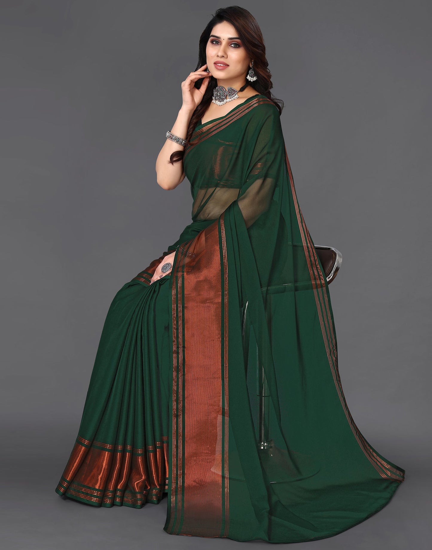 Dark Green Chiffon Plain Saree
