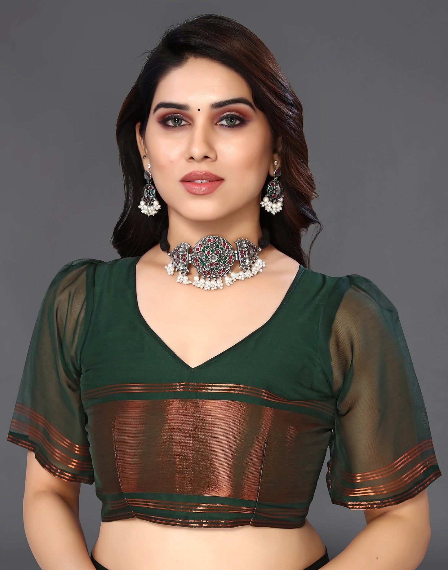 Dark Green Chiffon Plain Saree