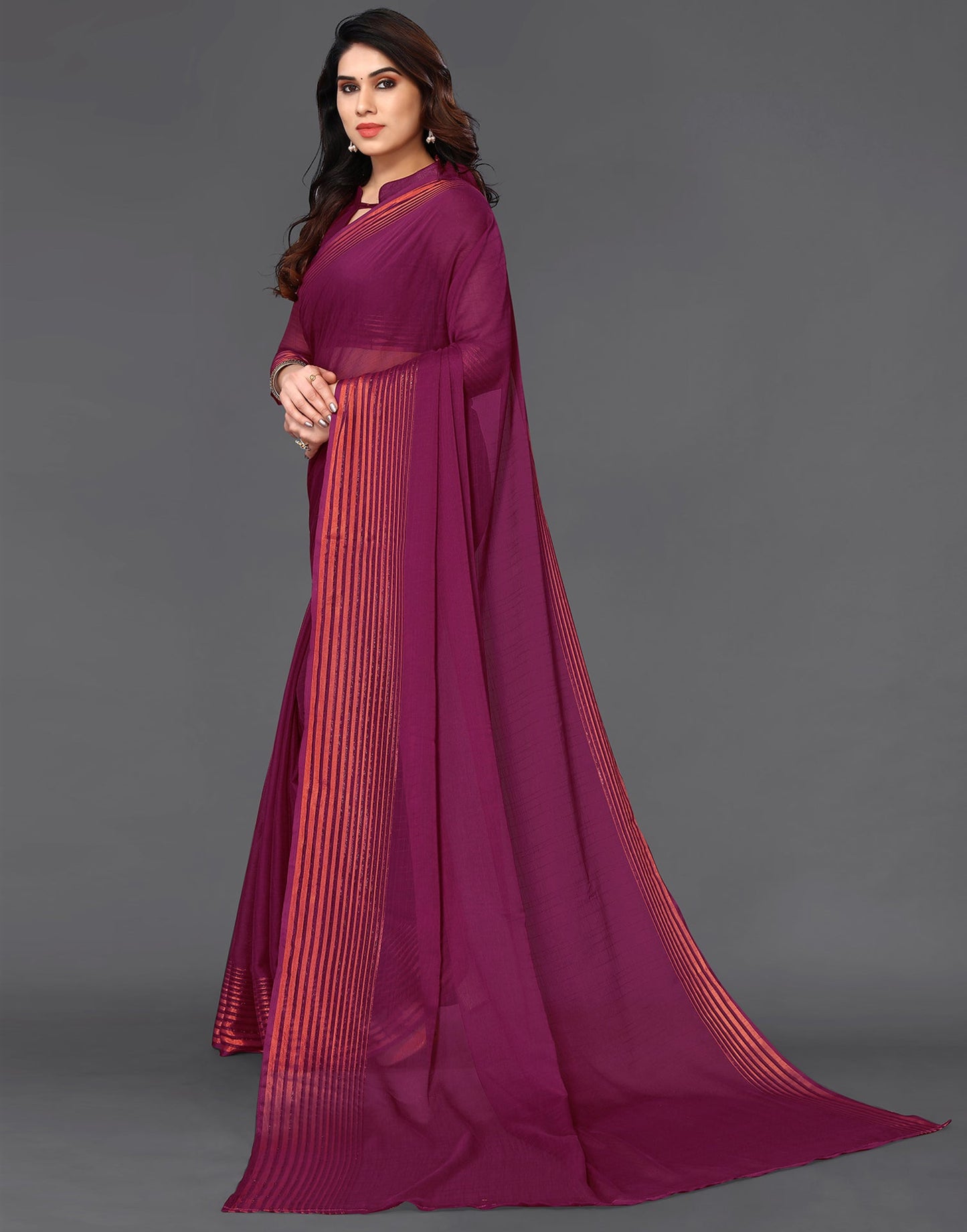 Wine Chiffon Plain Saree