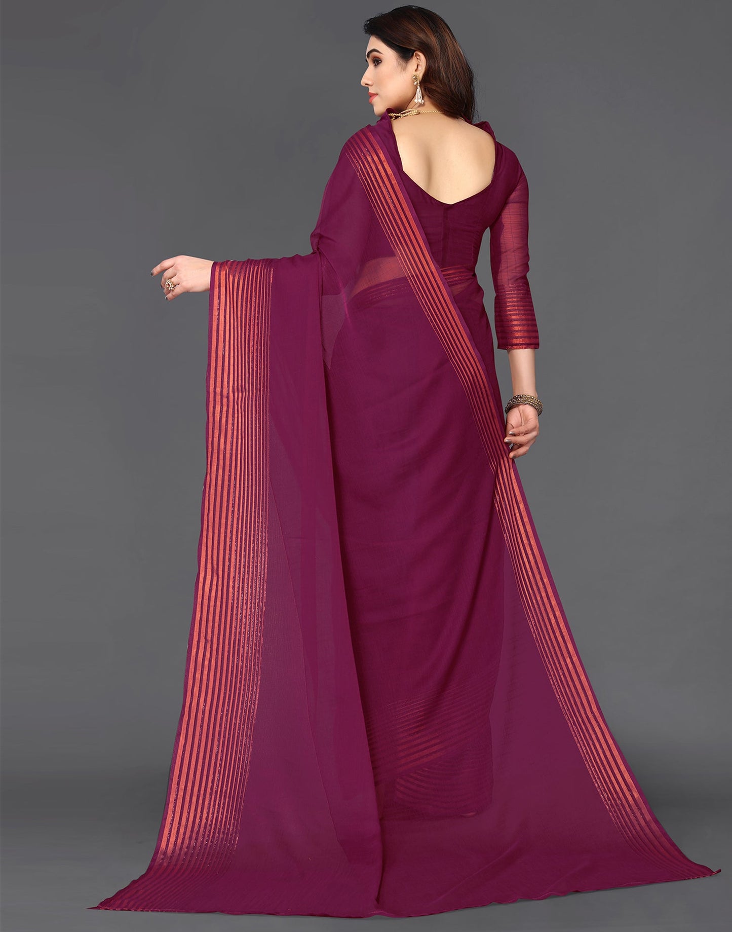 Wine Chiffon Plain Saree