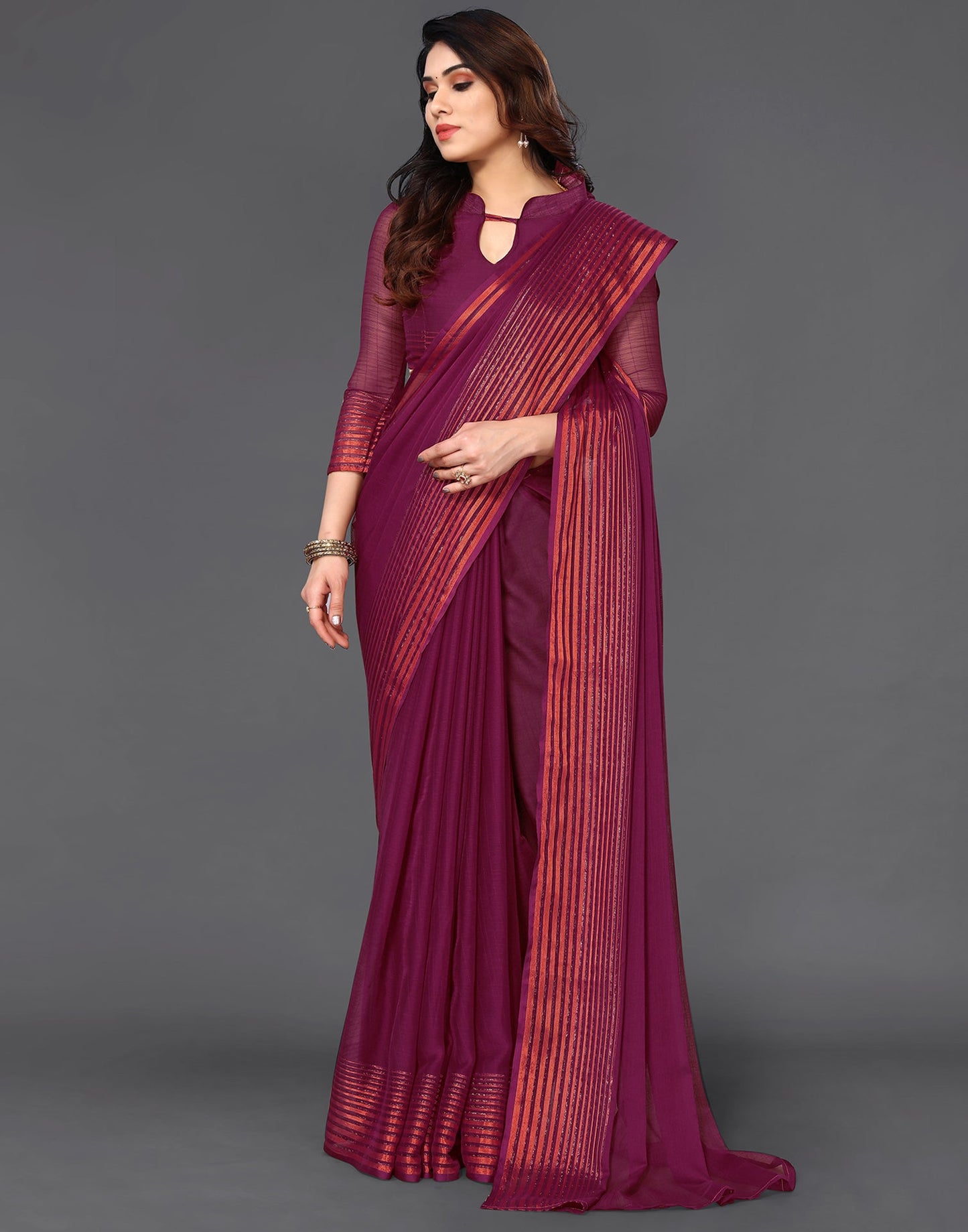 Wine Chiffon Plain Saree