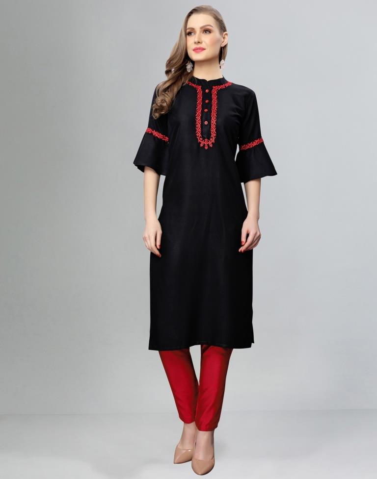 Refreshing Black Coloured Embroidered Rayon Kurti | Leemboodi