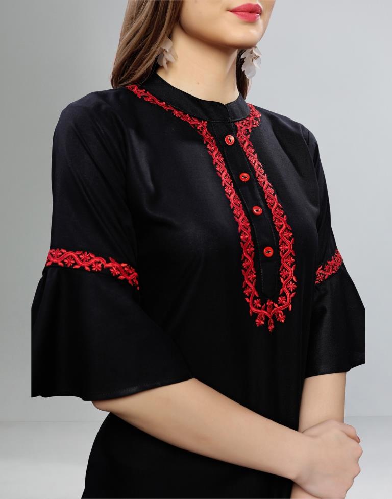 Refreshing Black Coloured Embroidered Rayon Kurti | Leemboodi