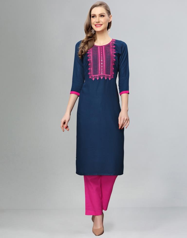 Navy Blue Embroidered Kurti | Leemboodi