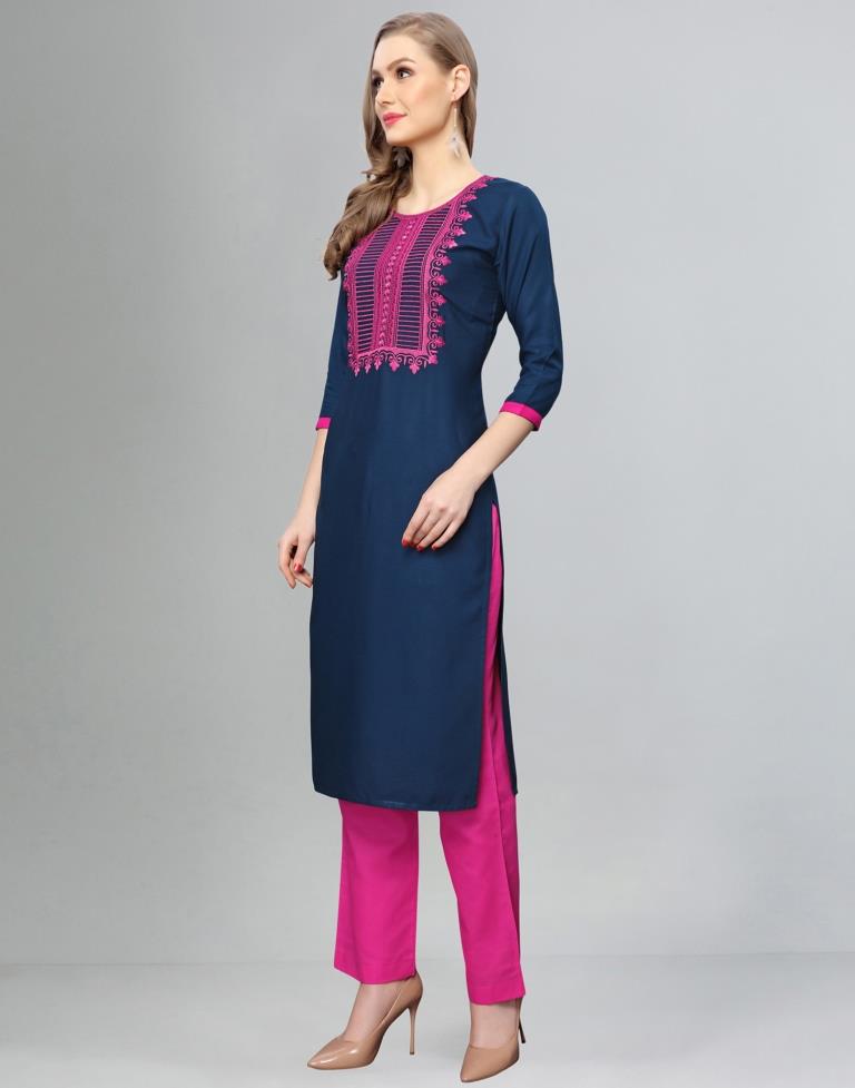 Navy Blue Embroidered Kurti | Leemboodi