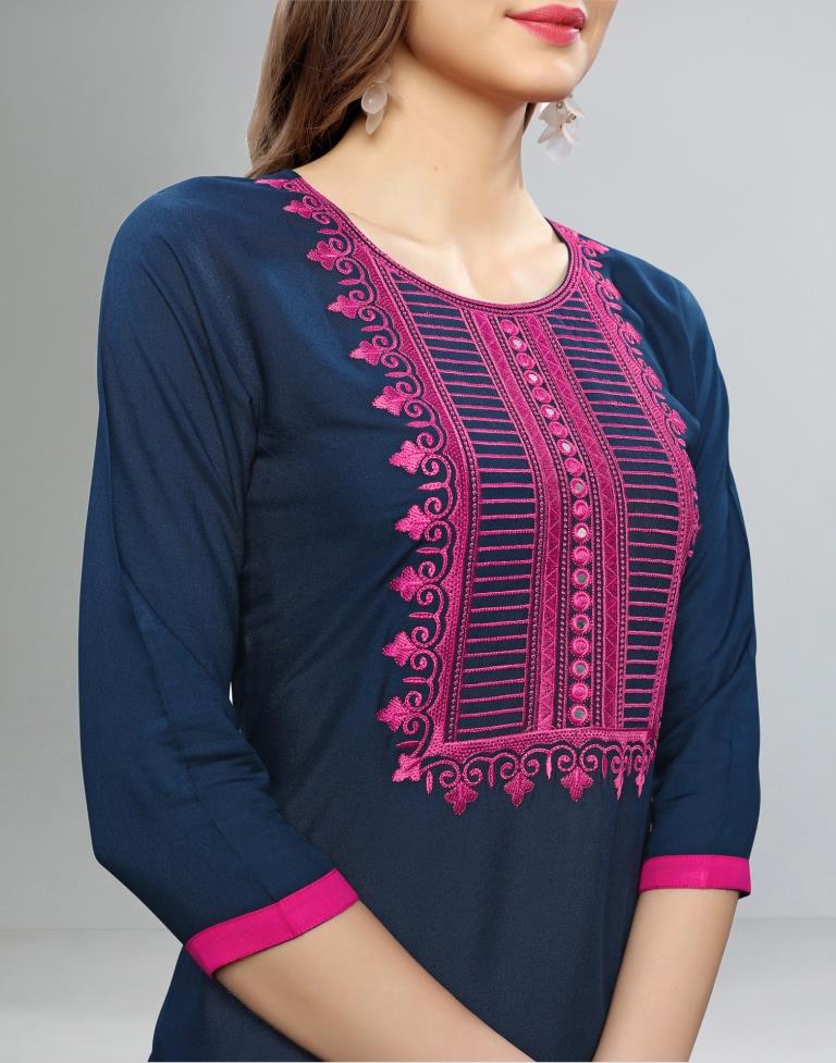 Navy Blue Embroidered Kurti | Leemboodi