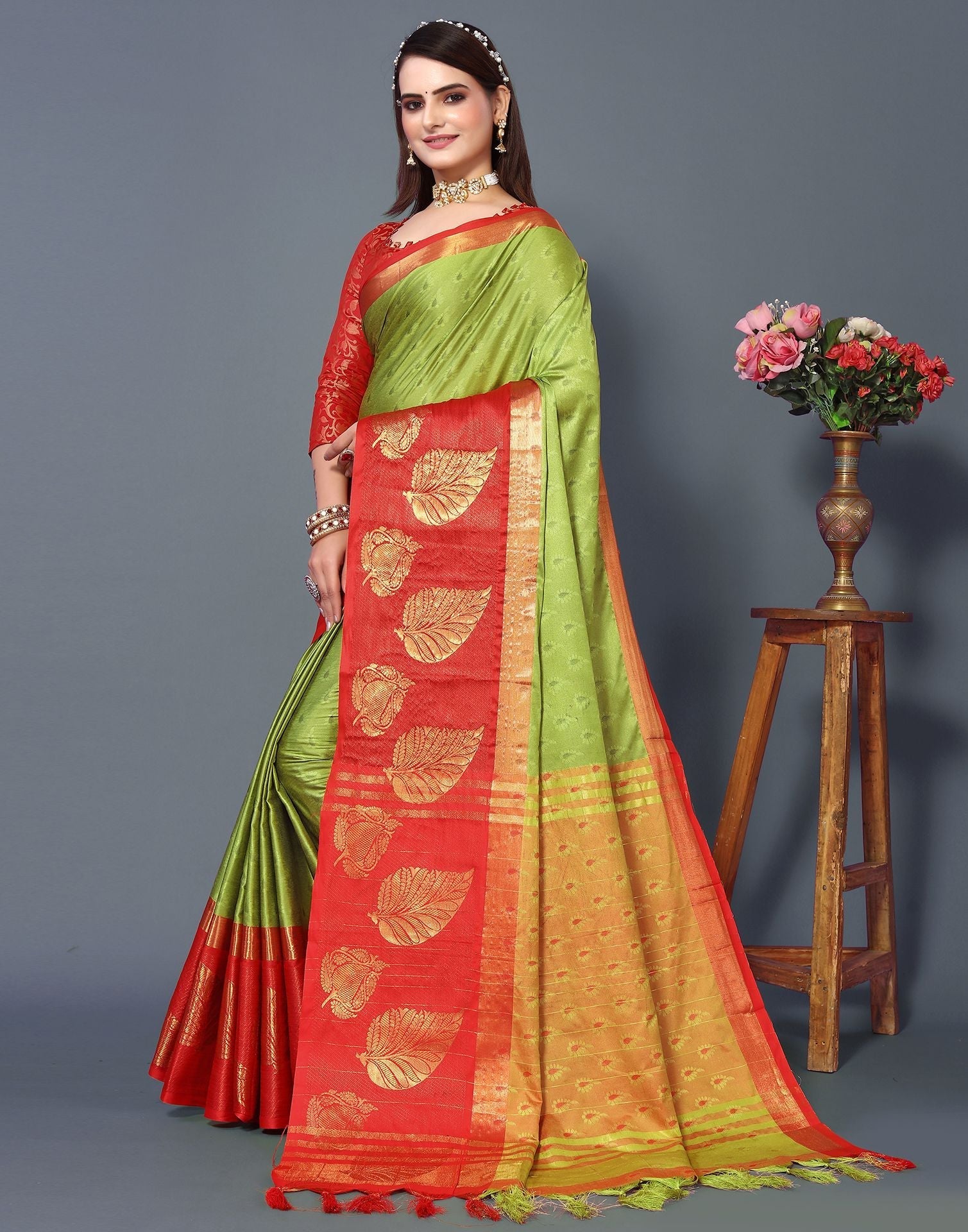 Olive Green Cotton Saree | Sudathi