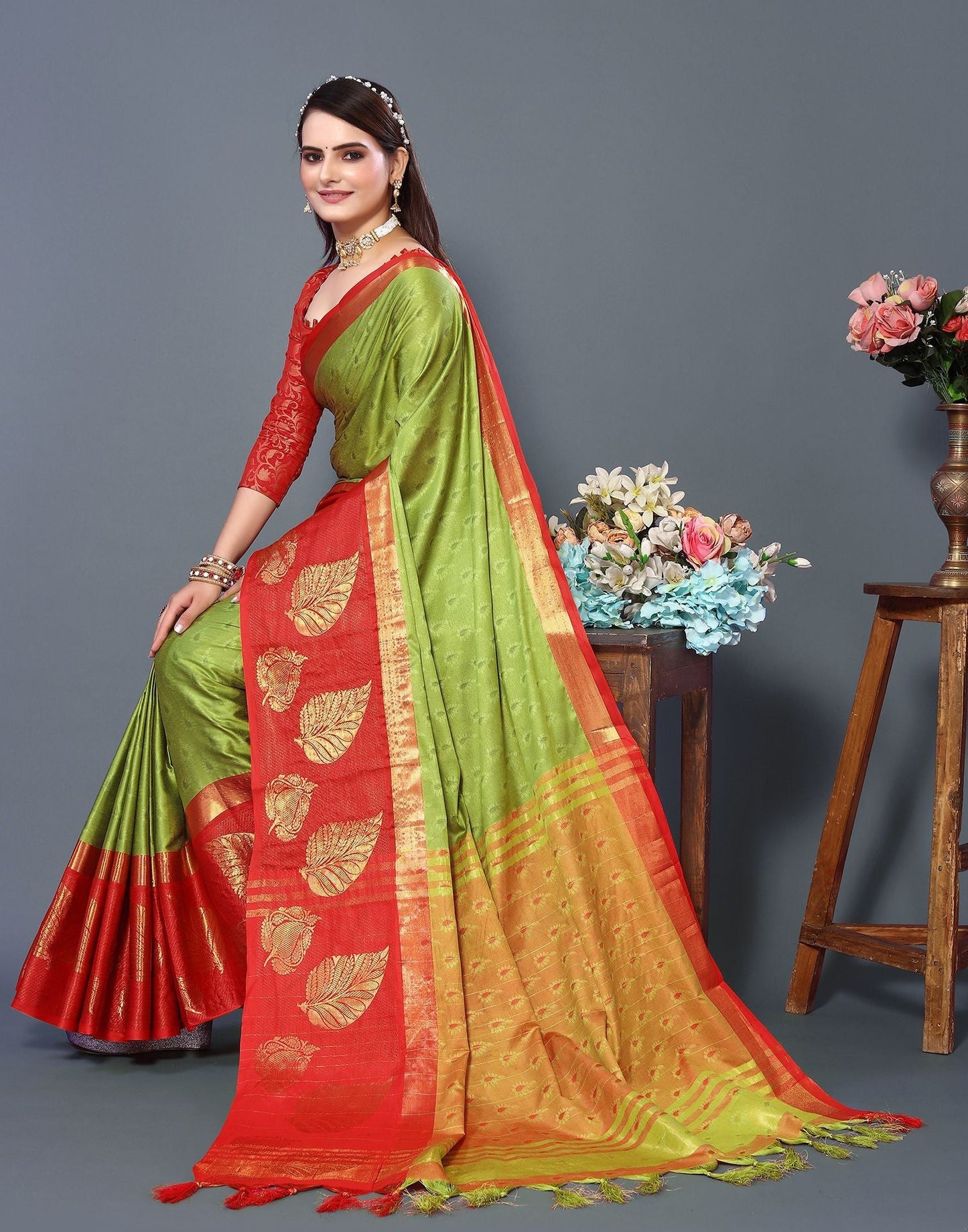 Olive Green Cotton Saree | Sudathi