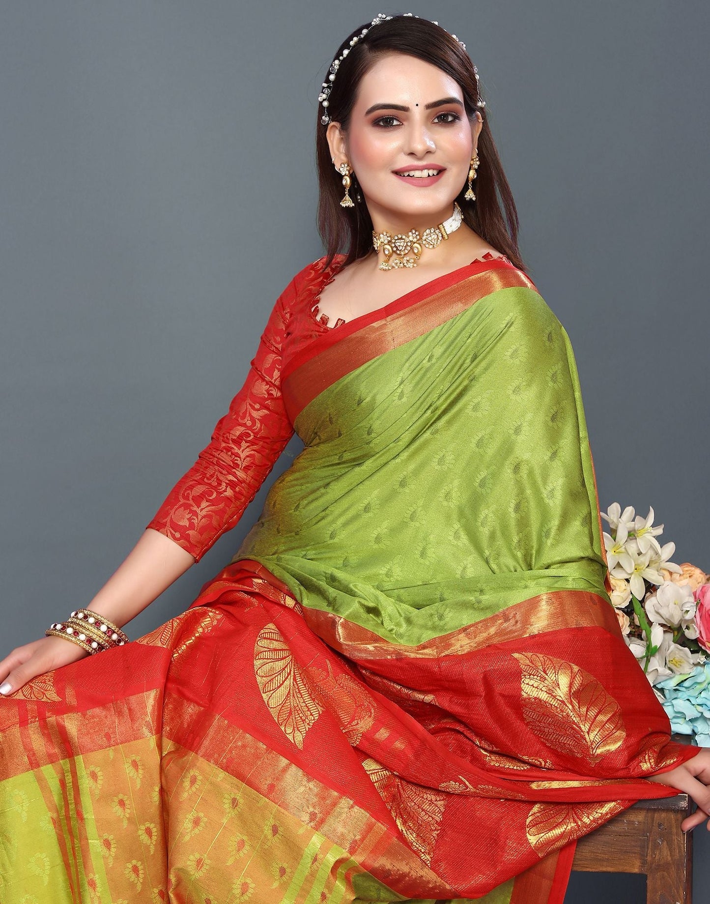 Olive Green Cotton Saree | Sudathi