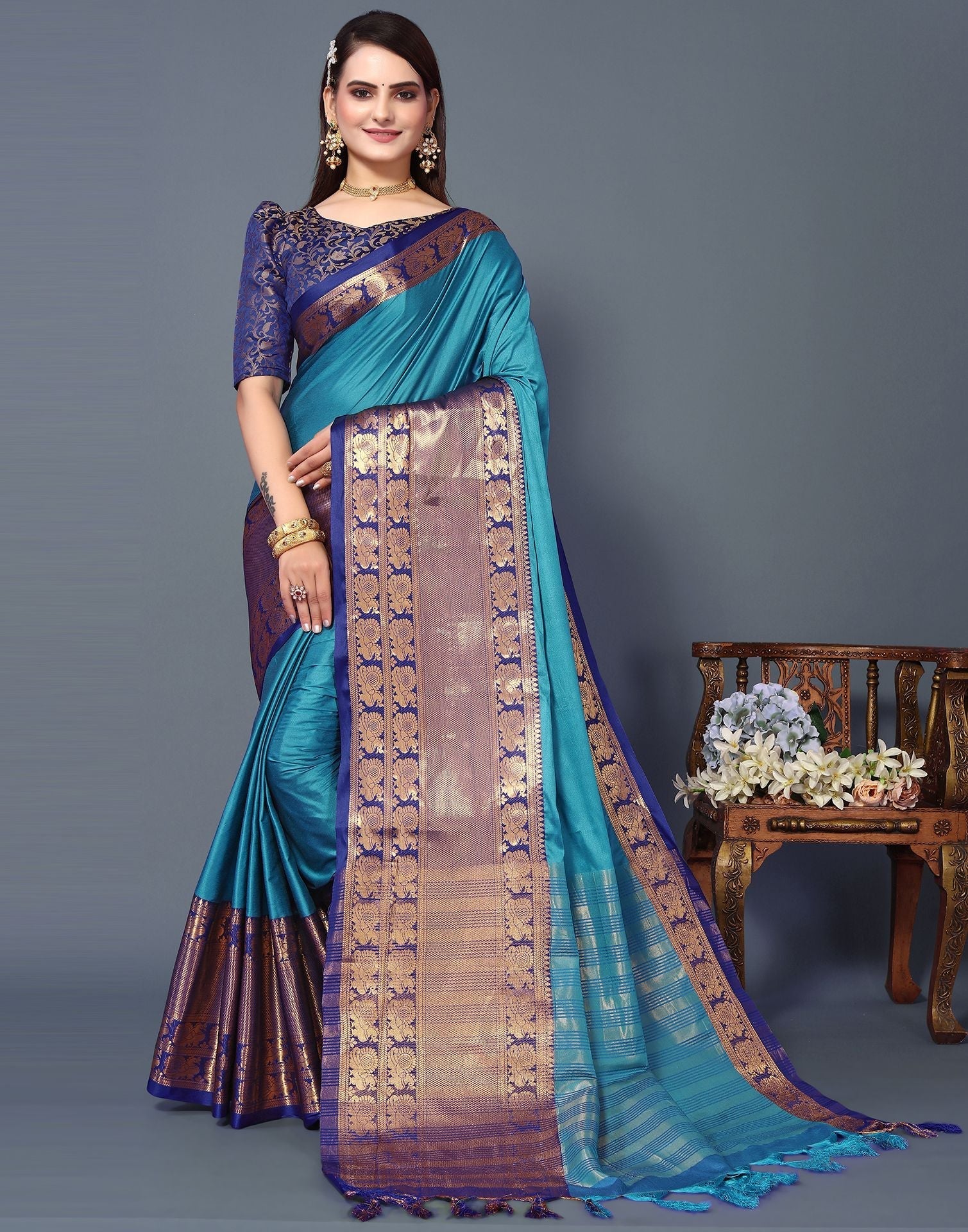 Sky Blue Cotton Saree | Sudathi