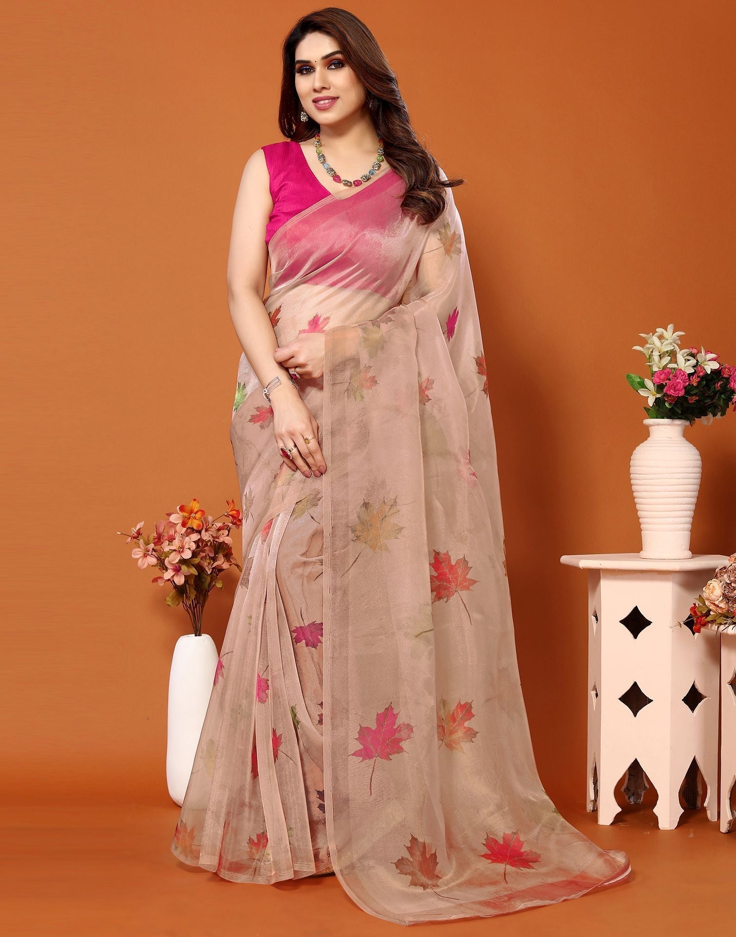 Light Peach Organza Printed Saree | Sudathi