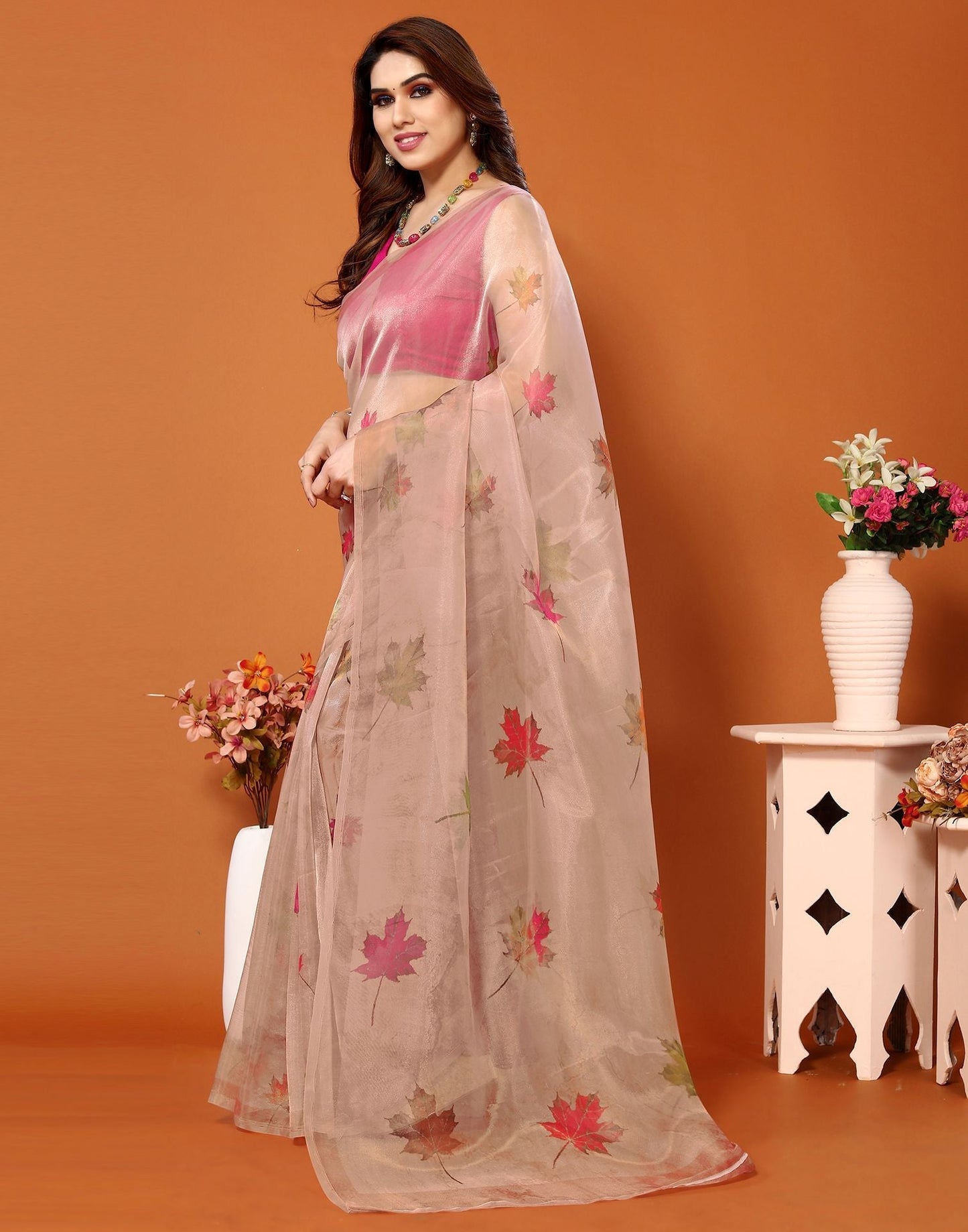 Light Peach Organza Printed Saree | Sudathi
