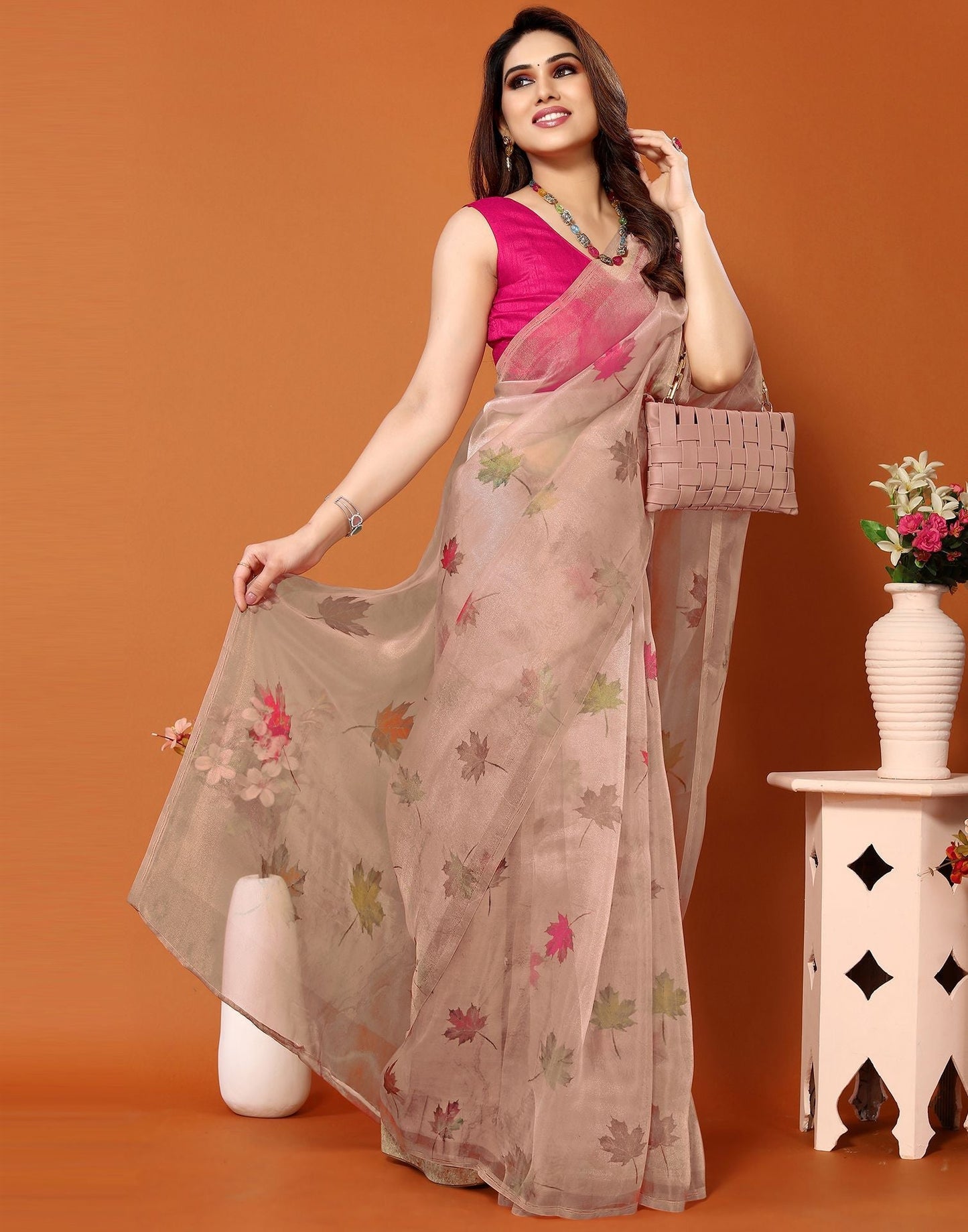 Light Peach Organza Printed Saree | Sudathi