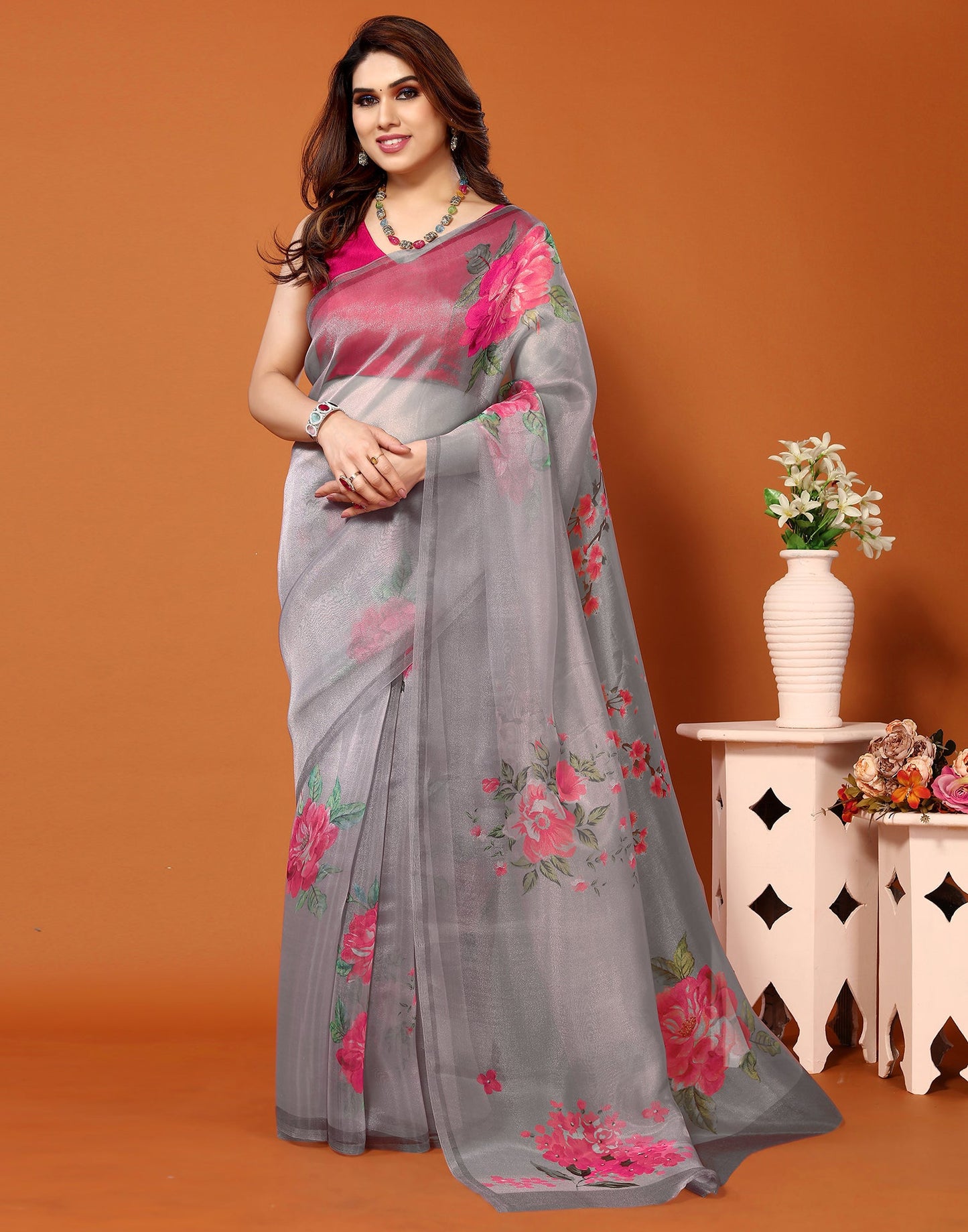 Grey Organza Digital Printed Saree