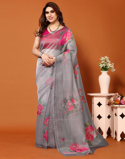 Grey Organza Digital Printed Saree