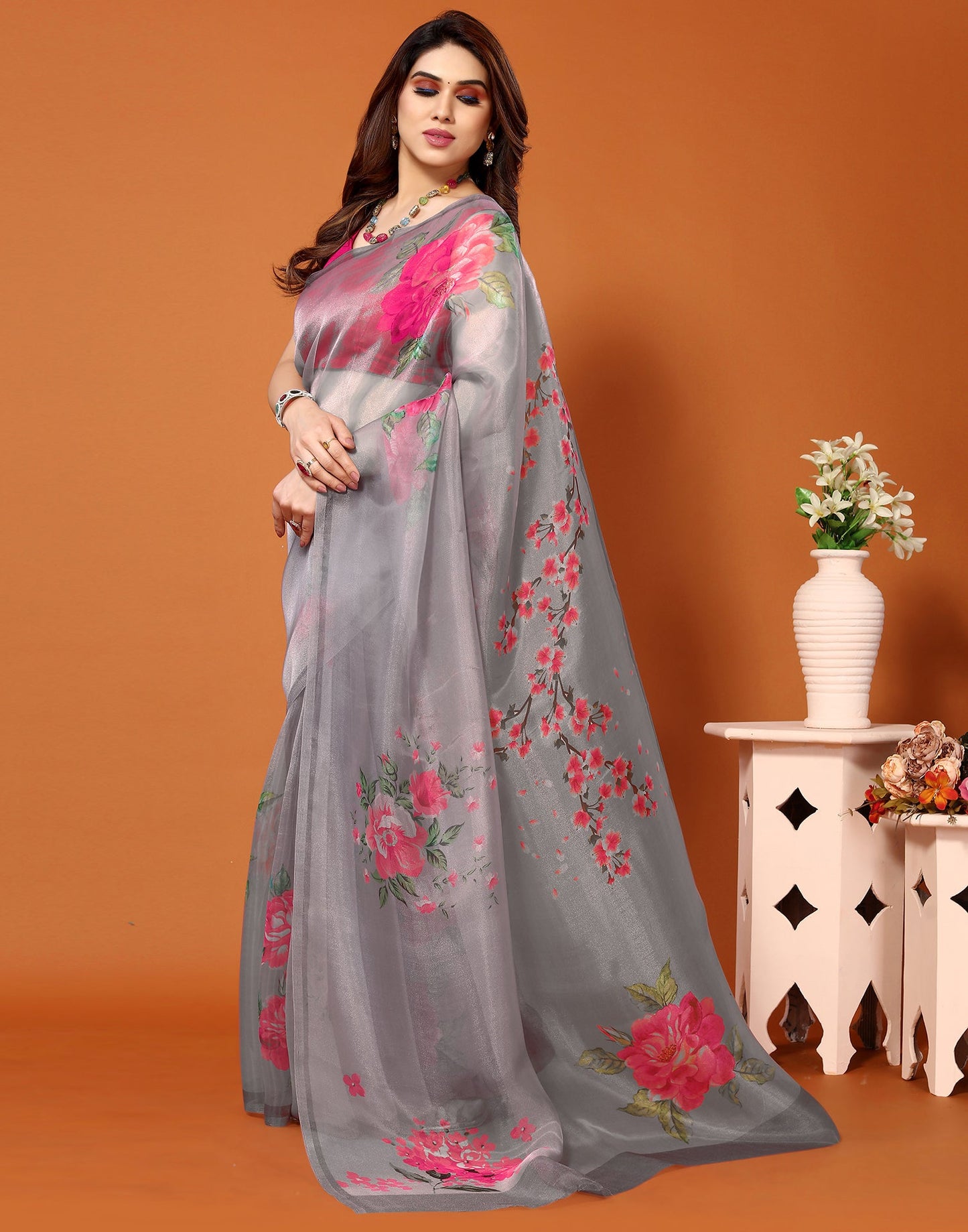 Grey Organza Digital Printed Saree