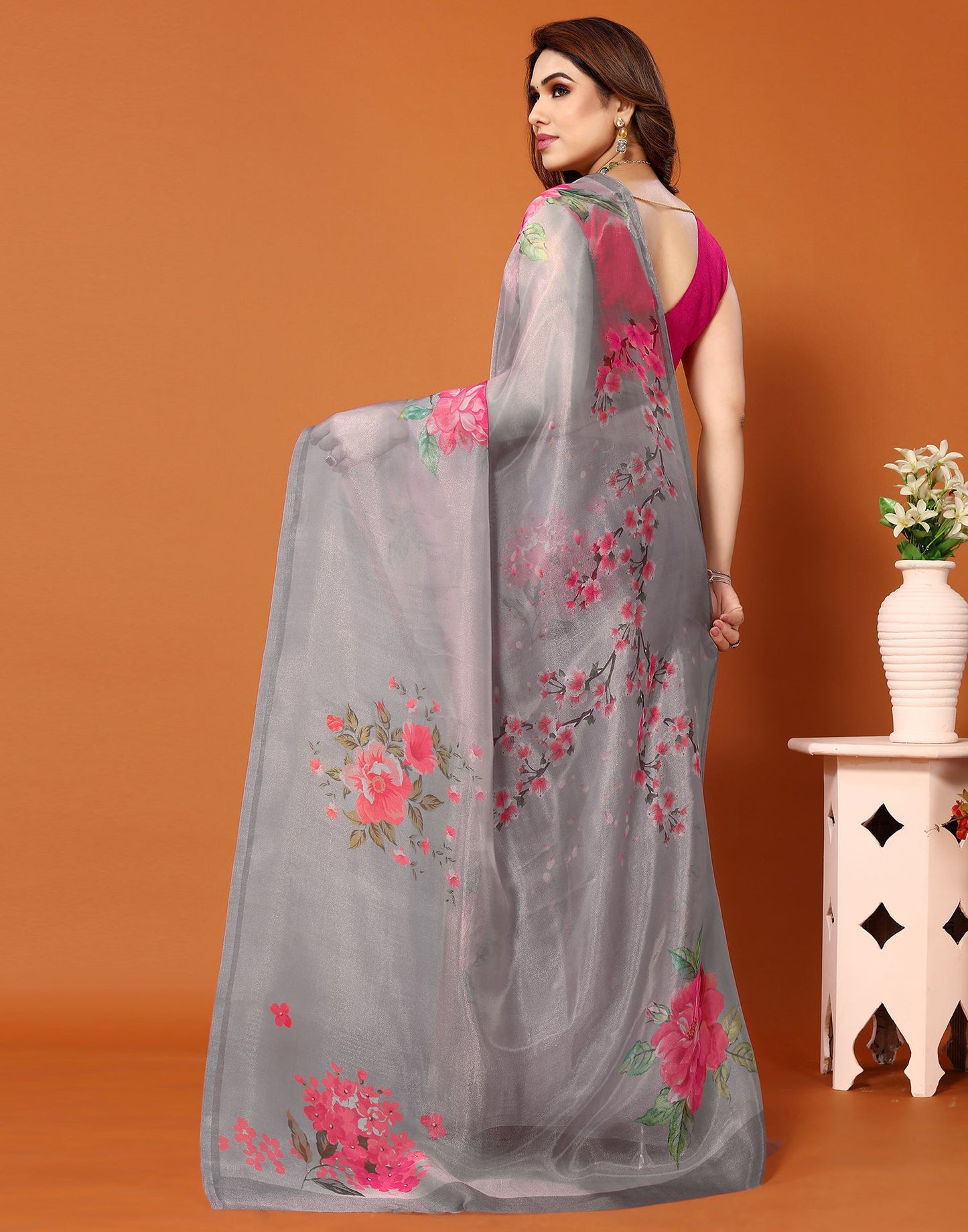 Grey Organza Digital Printed Saree