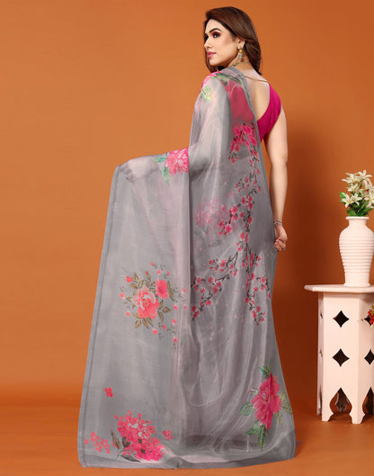 Grey Organza Digital Printed Saree