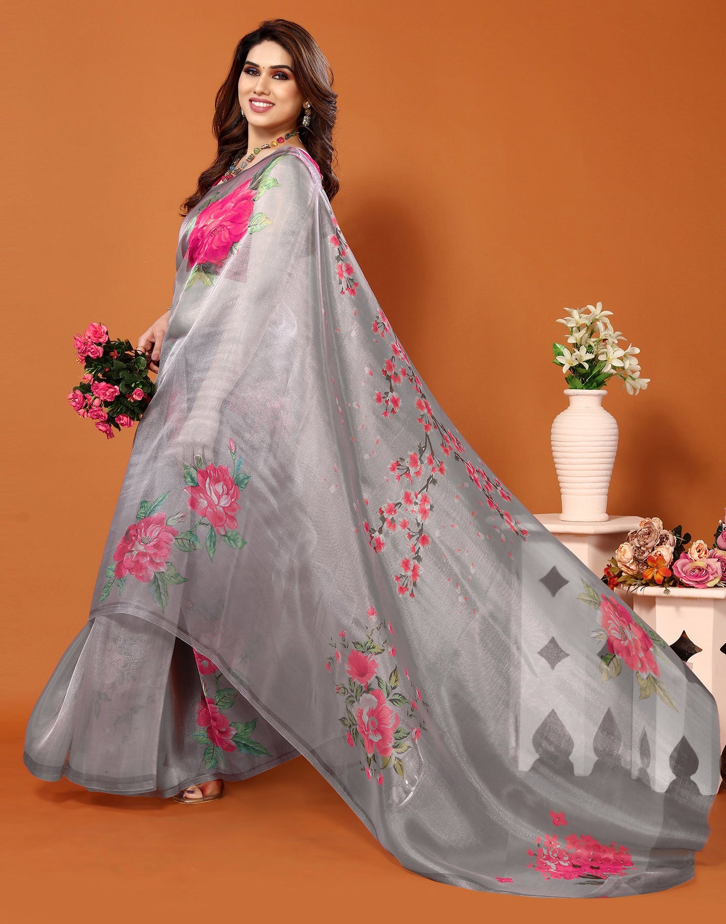 Grey Organza Digital Printed Saree
