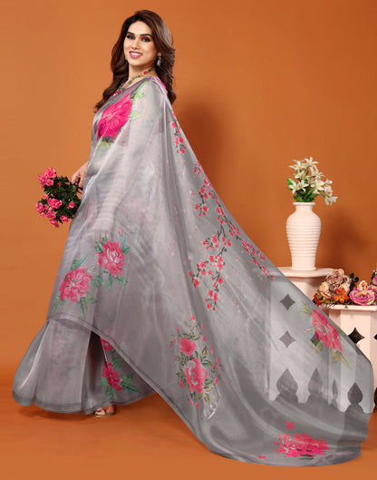 Grey Organza Digital Printed Saree