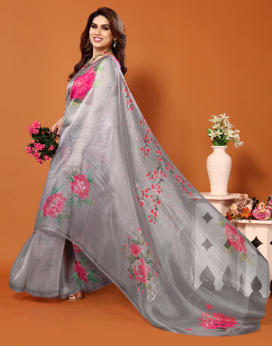 Grey Organza Digital Printed Saree