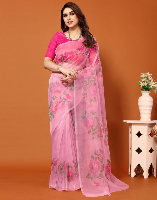 Pink Organza Digital Printed Saree